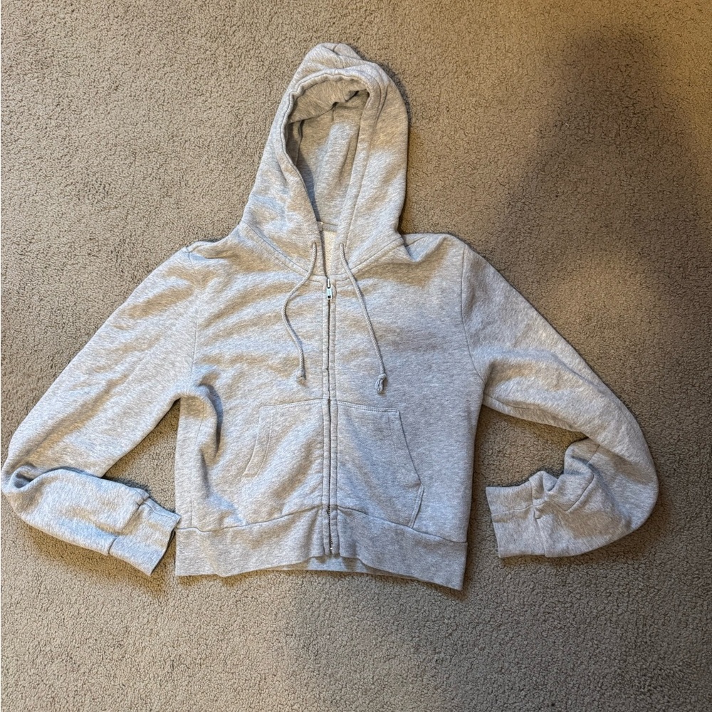 Brandy Melville Crystal Zip Up Cropped Hoodie in Light Heather Grey Women’s S